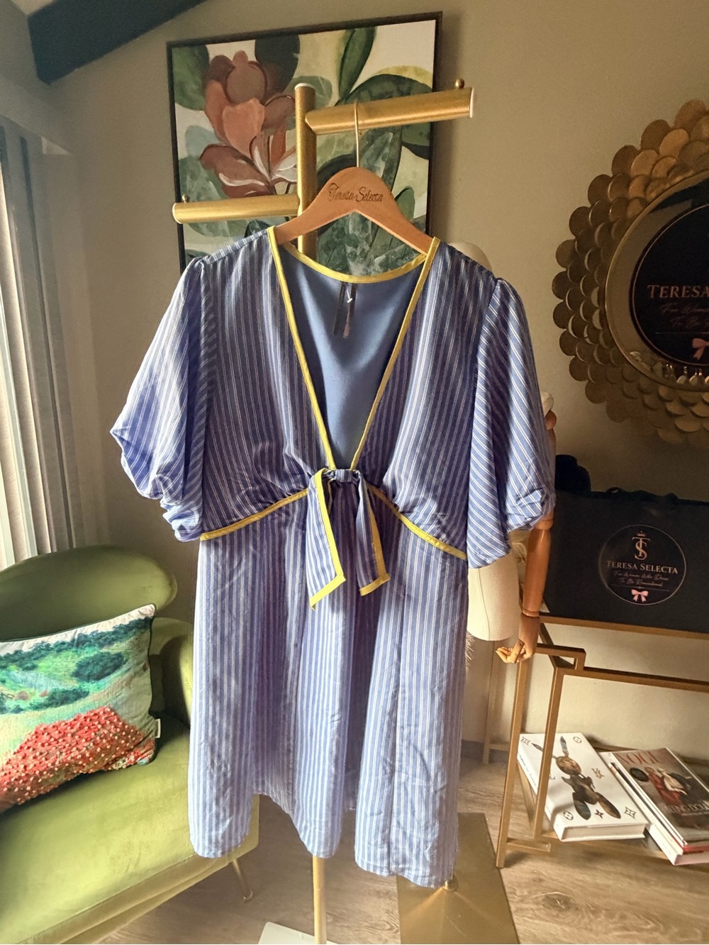 Anthropologie Maeve Blue Striped Midi Dress Yellow Trim Tie Front Size L Boho - Picture 3 of 10